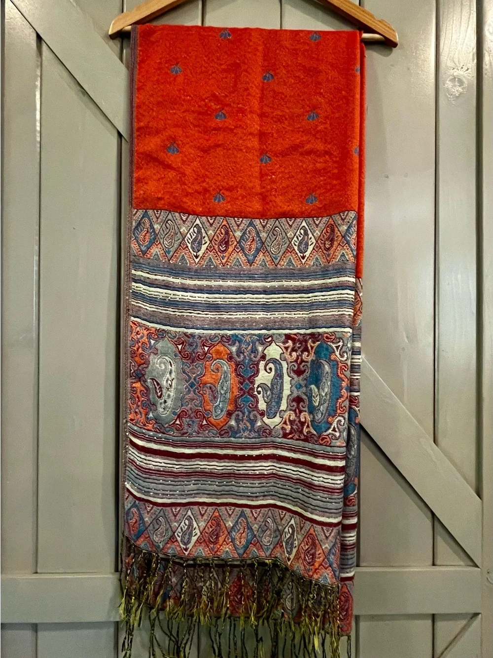 Boho Orange/Blue double sided Paisley Fringe Shawl Pashmina  Excellent condition